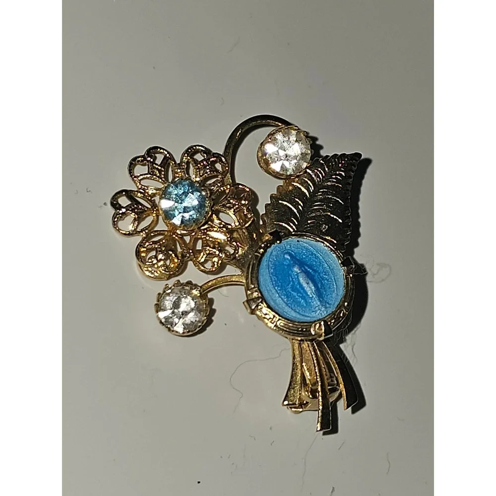 Vintage Goldtone With‎ Blue Virgin Mary Brooch Pin
